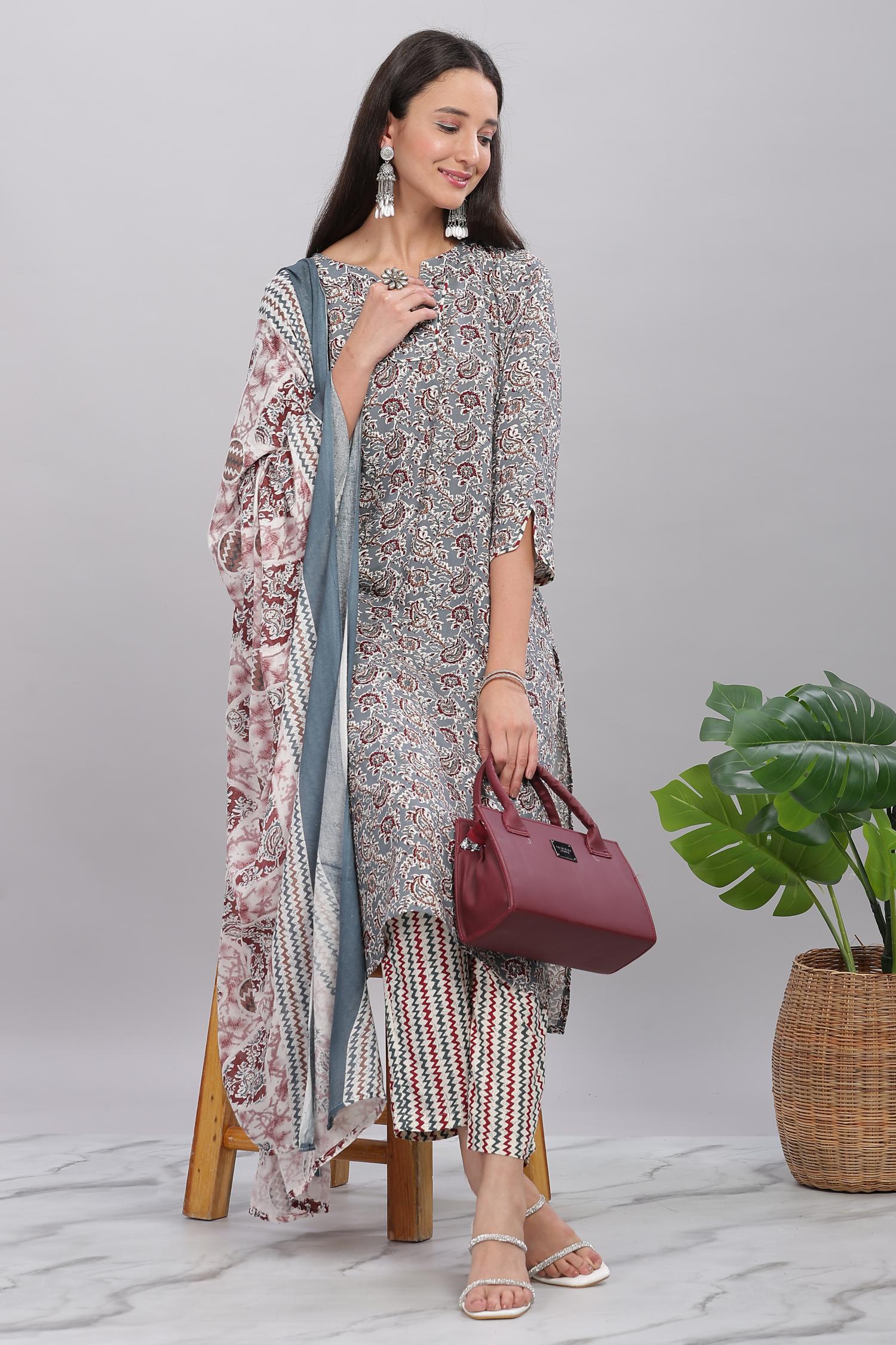 BulBul Firdous Rayon Grey Kurta Set with Dupatta