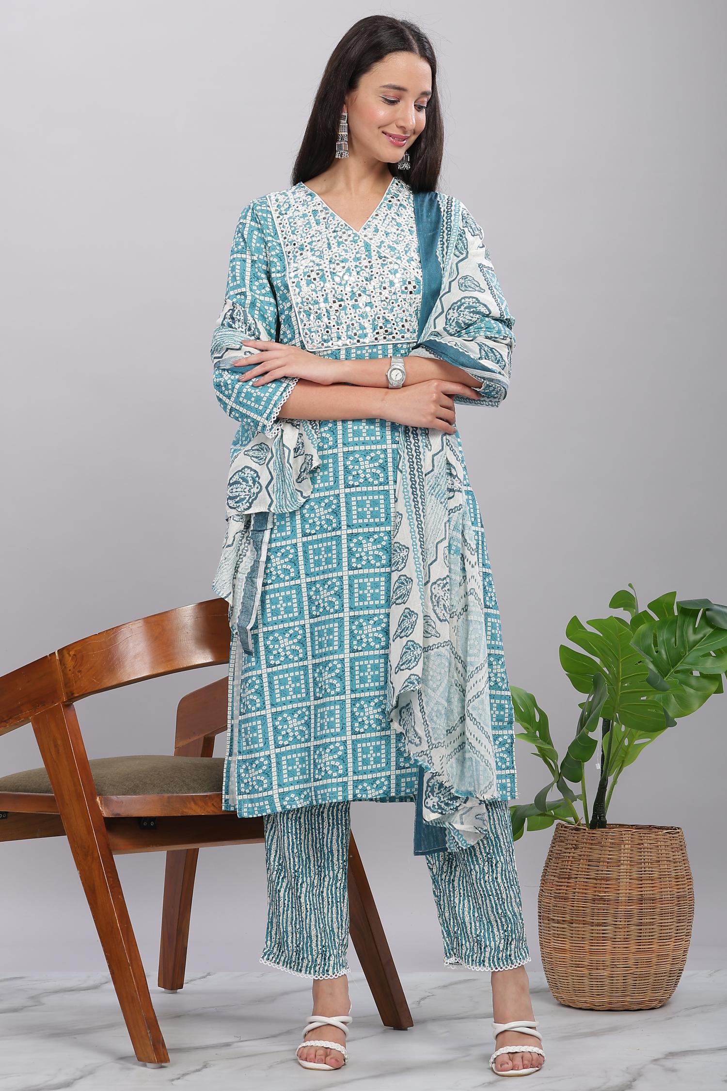 BulBul Firdous Blue Rayon Kurta Set with Dupatta