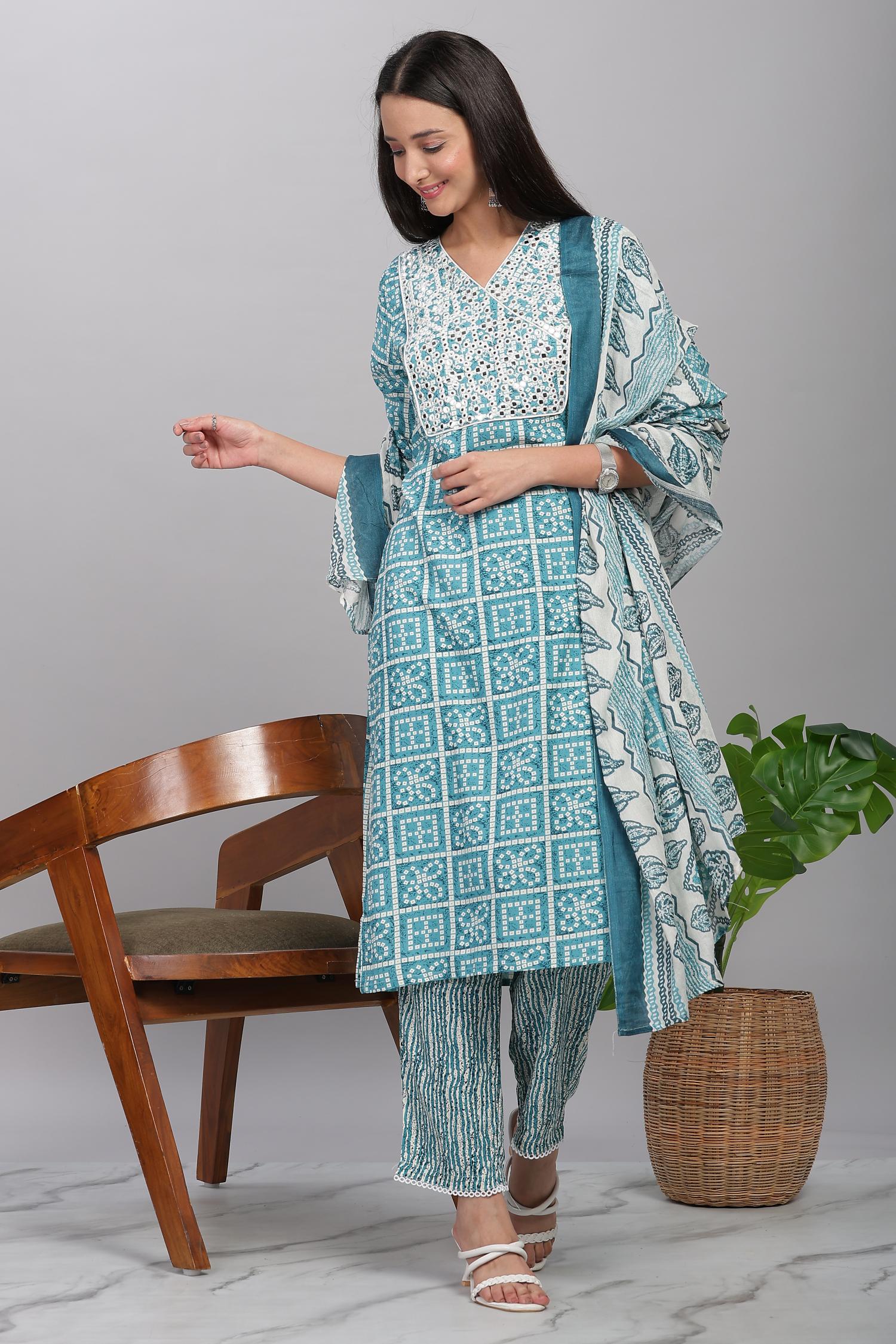 BulBul Firdous Blue Rayon Kurta Set with Dupatta
