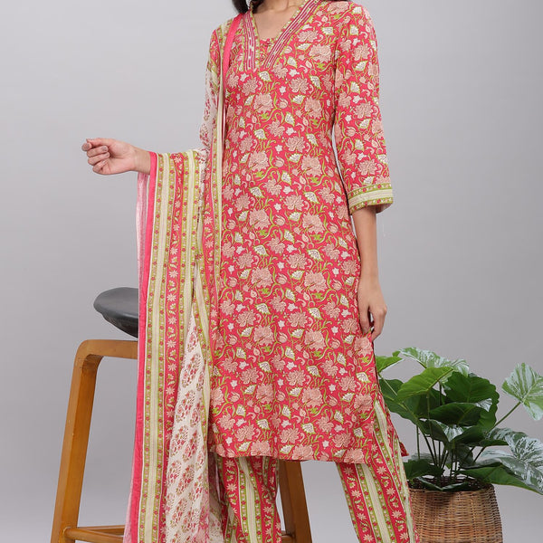 BulBul Firdous Rayon Red Kurta Set with Dupatta