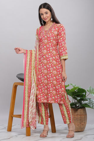 BulBul Firdous Rayon Red Kurta Set with Dupatta