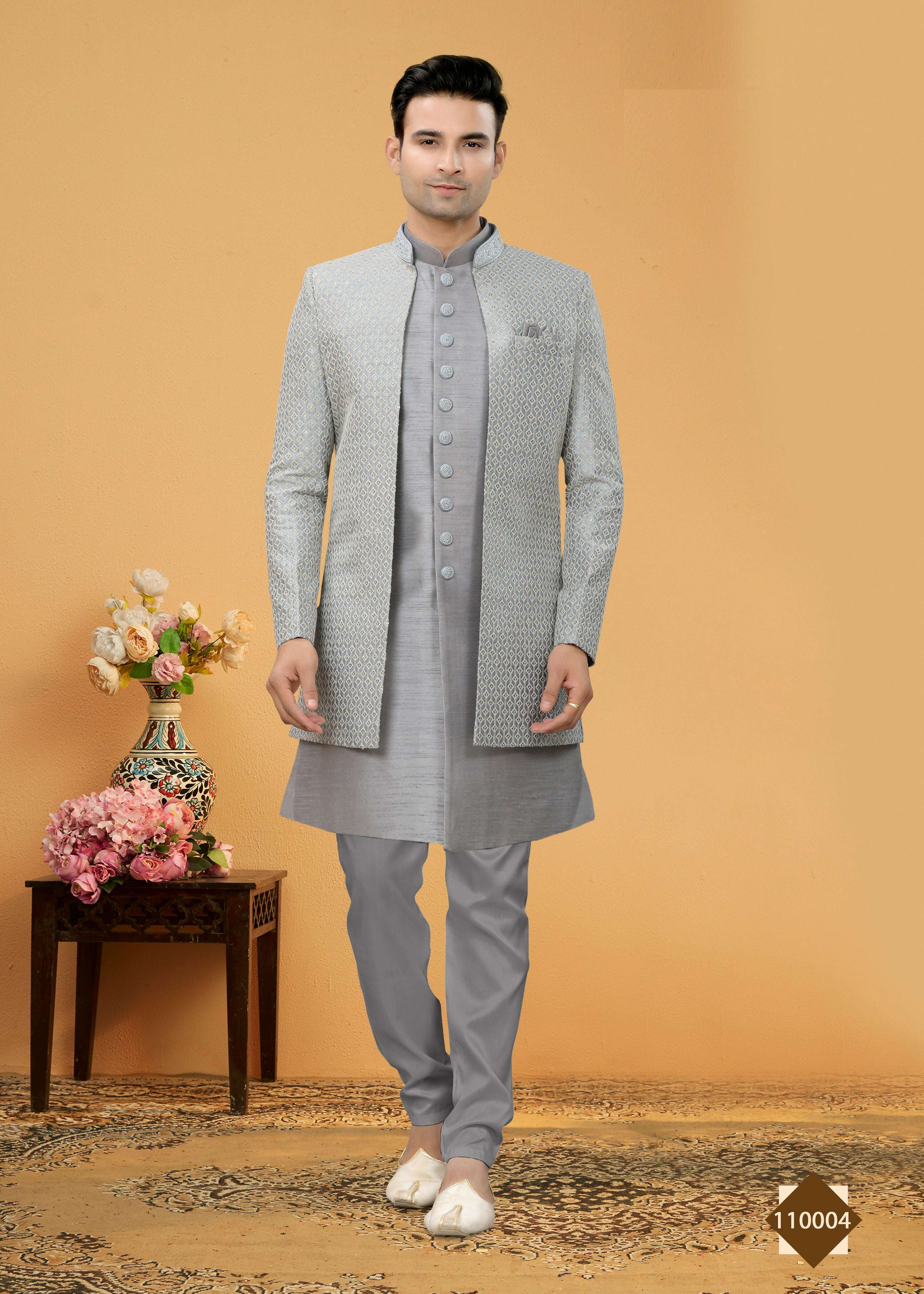 Joban Fashion Men's Grey Art Silk Plain Kurta Pyjama set - Distacart
