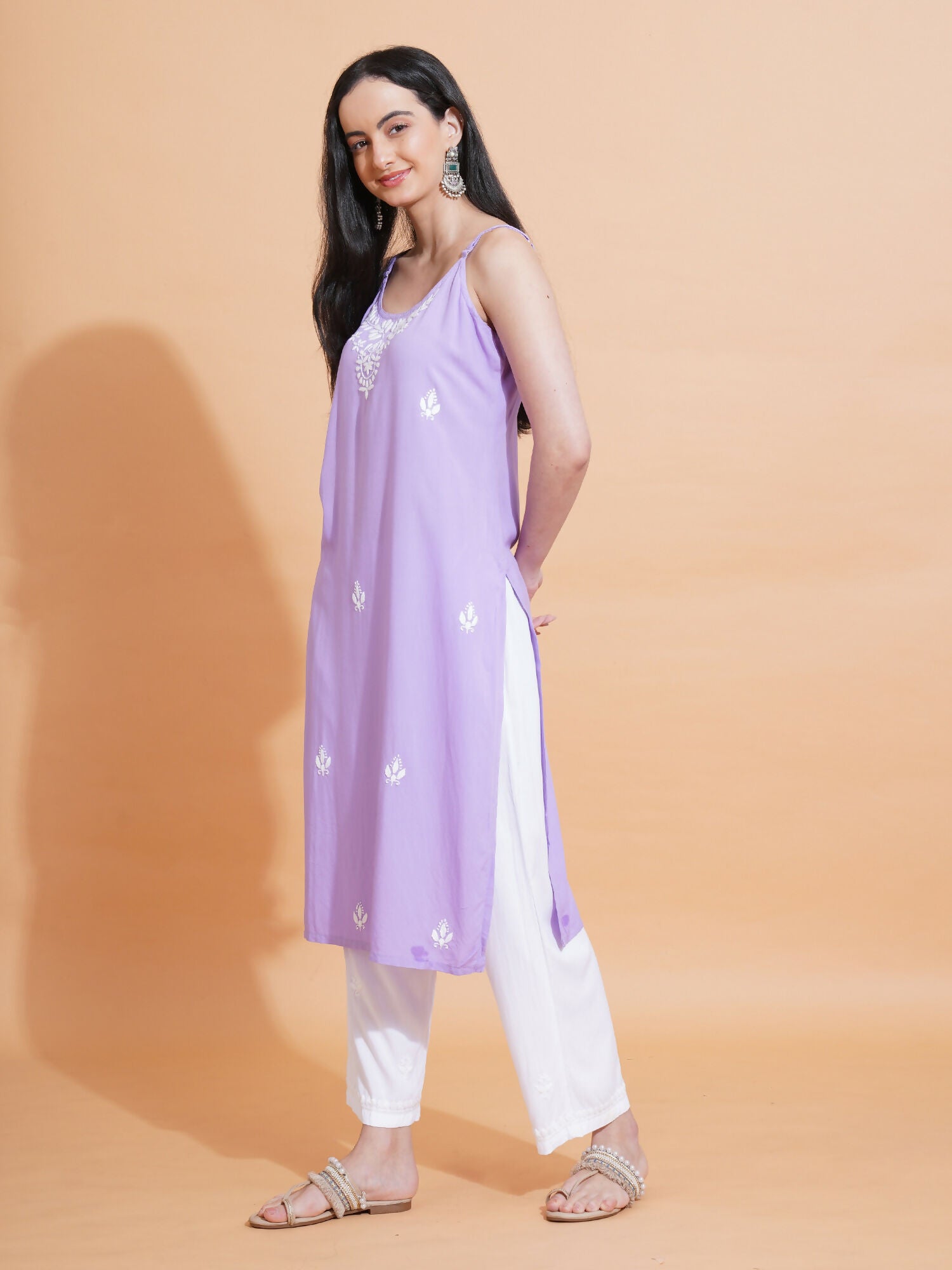 Pahnaz Luxury Rayon Chikankari Sleeveless Long Kurti-Lavender - Dista