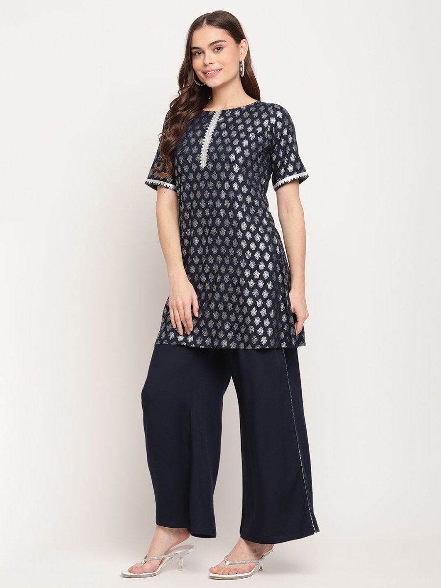 Ahalyaa Women's Blue Rayon Foil Print Top With Palazzo Set