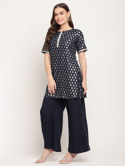 Ahalyaa Women's Blue Rayon Foil Print Top With Palazzo Set