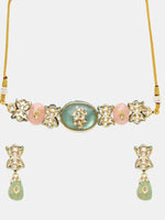 Thumbnail for Ruby Raang 22k Gold Polished Kundan And Mint Colored Stonework Choker With Matching Earrings