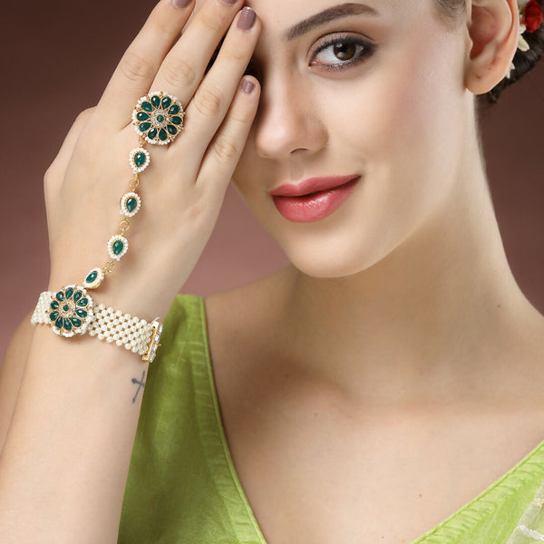 NVR Women's Green Gold-Polished Stone Studded Handcrafted Ring Bracelet - Distacart