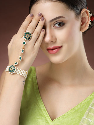 NVR Women's Green Gold-Polished Stone Studded Handcrafted Ring Bracelet - Distacart