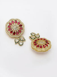 Thumbnail for NVR Women's Red & Gold Kundan Studded Handcrafted Jewellery Set - Distacart