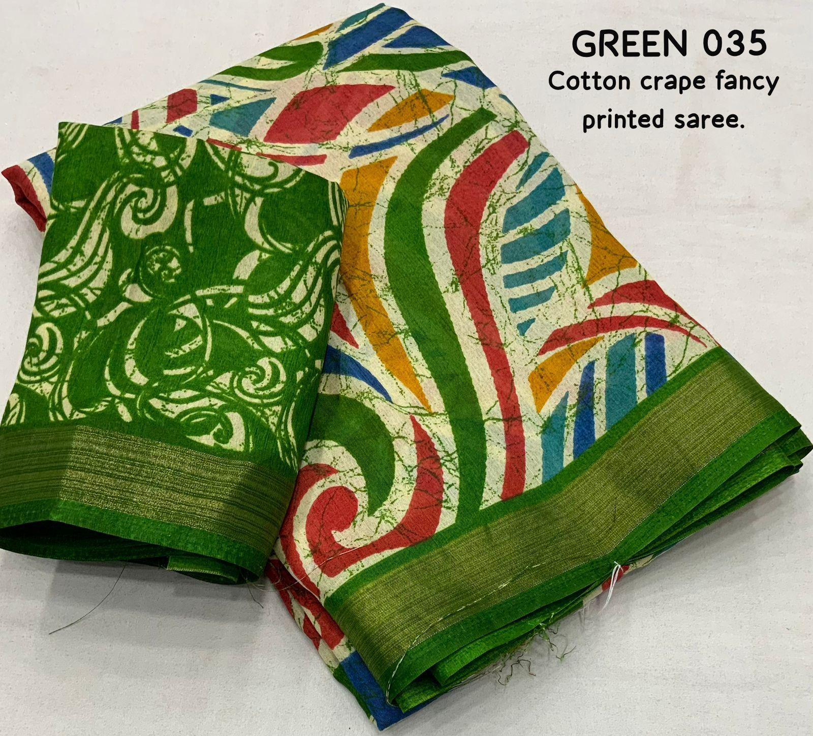 Green Cotton Crepe Batik Print Saree with Unstitched Blouse - Hiral Fashion - Distacart