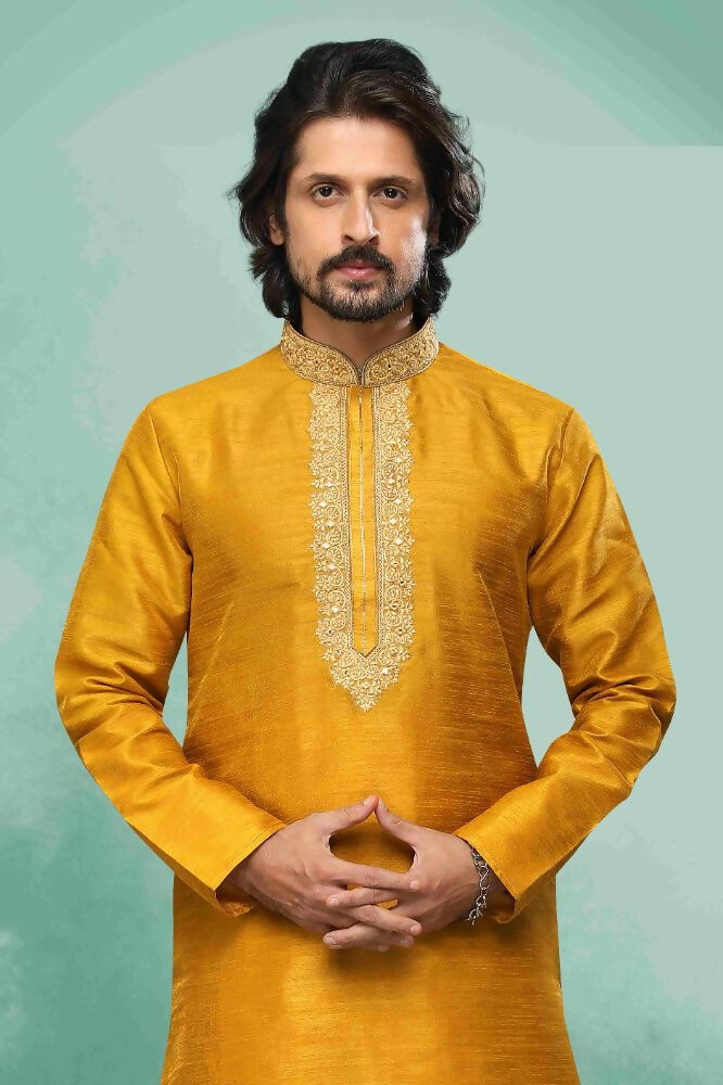 Raivat Ethnic Art Silk Mirror Embroidery Work Kurta Pajama In Mustard Colour - Dista