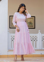 Thumbnail for Kaajh Women's Light Pink Embroidered Ethnic Dress - Distacart