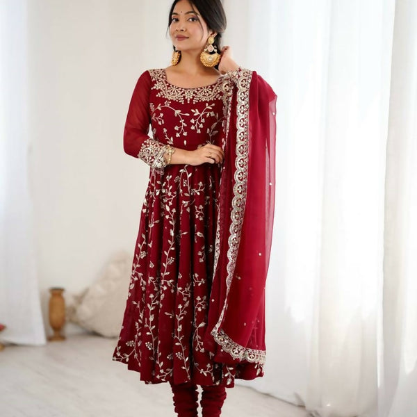 Teeya Creation Maroon Color Heavy Faux Georgette Embroidery Work Gown