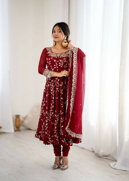 Teeya Creation Maroon Color Heavy Faux Georgette Embroidery Work Gown