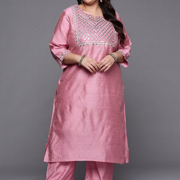 Sztori Plus Size Geometric Embroidered Mirror Work Straight Kurta with Trousers - Distacart