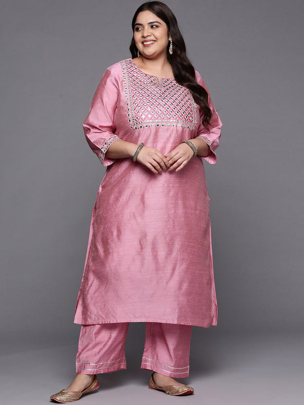 Sztori Plus Size Geometric Embroidered Mirror Work Straight Kurta with Trousers - Distacart