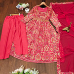Thumbnail for Preksha Creation Georgette Print And Full Lining With Printed Pant And Nazneen Dupatta With Embroidery Work - Red - Distacart