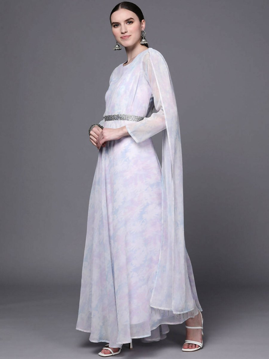 Ahalyaa Women Blue & White Floral Fit & Flare Maxi Ethnic Dress - Distacart