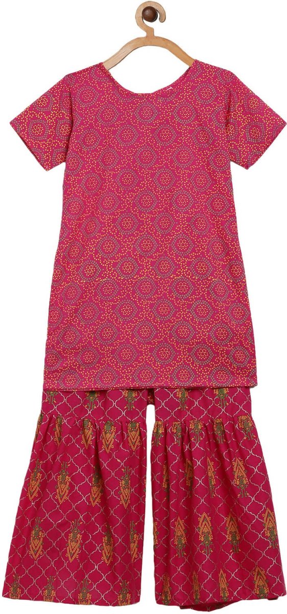 Ahalyaa Magenta Cotton Printed Kids Kurta Sharara Set With Dupatta For Girls - Distacart