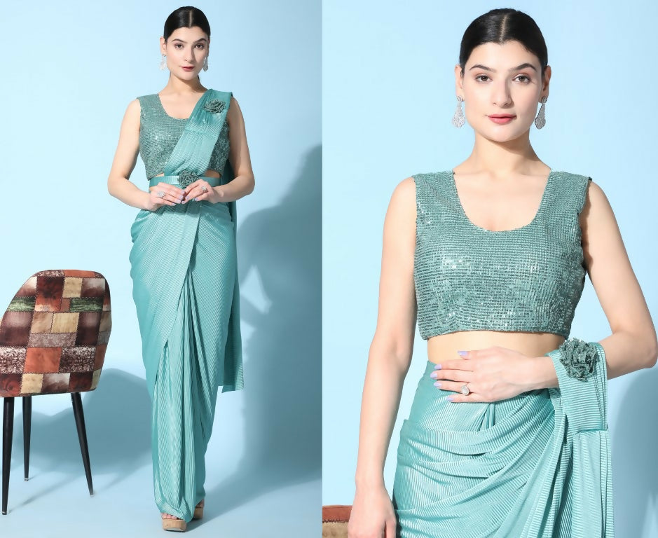 Sea Green Imported Crush Lycra Texture Pattern Ready to Wear Saree with stitched Blouse - Nirvana - Distacart