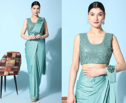 Sea Green Imported Crush Lycra Texture Pattern Ready to Wear Saree with stitched Blouse - Nirvana - Distacart