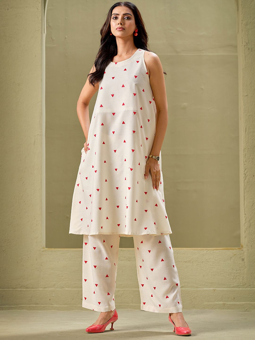 Sangria Off White Geometric Printed Round Neck A-Line Pure Cotton Kurta With Palazzos - Distacart