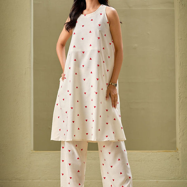 Sangria Off White Geometric Printed Round Neck A-Line Pure Cotton Kurta With Palazzos - Distacart