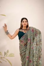 Thumbnail for Vastranavya Mehendi Lurex Brasso Floral Printed Saree with Unstitched Blouse - Distacart