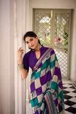 Thumbnail for Vastranavya Purple Viscose Chanderi Printed with Temple Border Saree & Unstitched Blouse - Distacart
