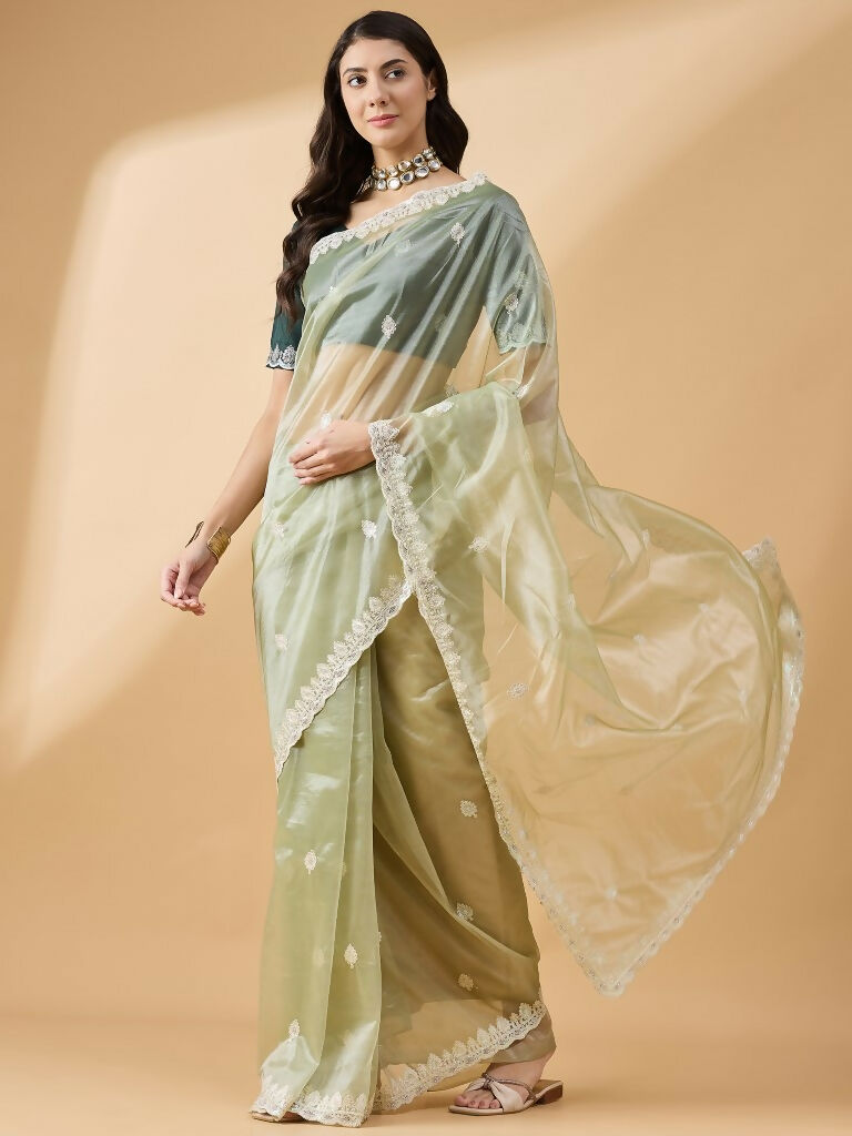 Green Organza Sequence Embroidered Saree with Unstitched Blouse - Satya - Distacart