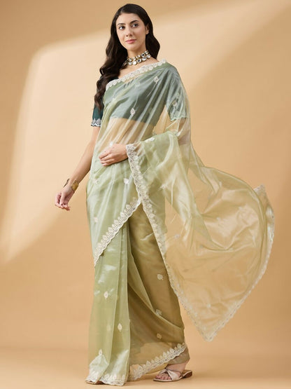 Green Organza Sequence Embroidered Saree with Unstitched Blouse - Satya - Distacart