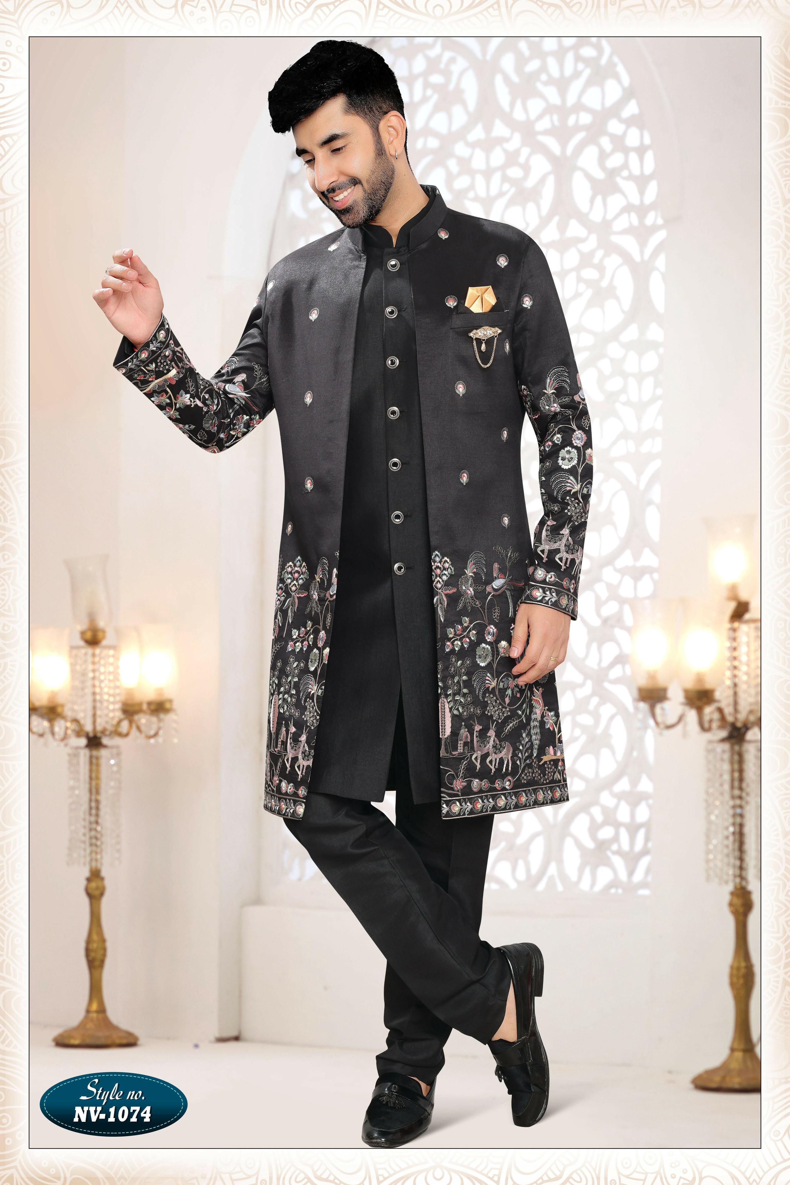 Joban Fashion Men's Black Straight Silk Thread And Sequence Embroidery All Over 3 Pc Kurta Set - Distacart