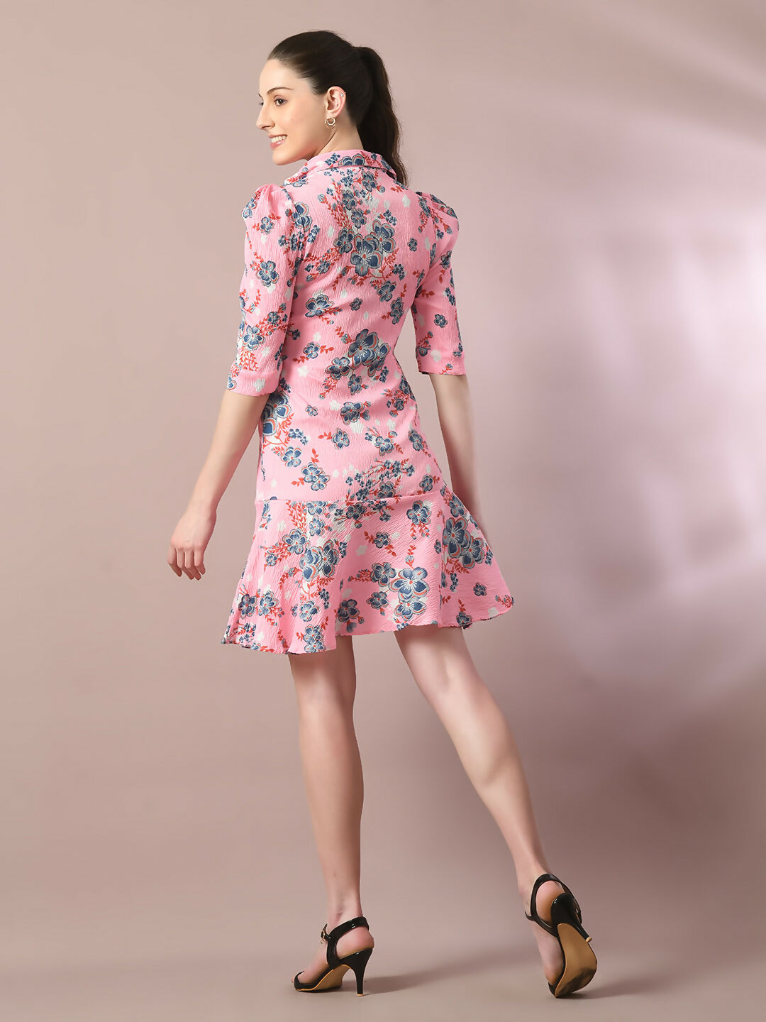 Myshka Women's Pink Printed Shirt Collar Fit and Flare Party Dress - Distacart