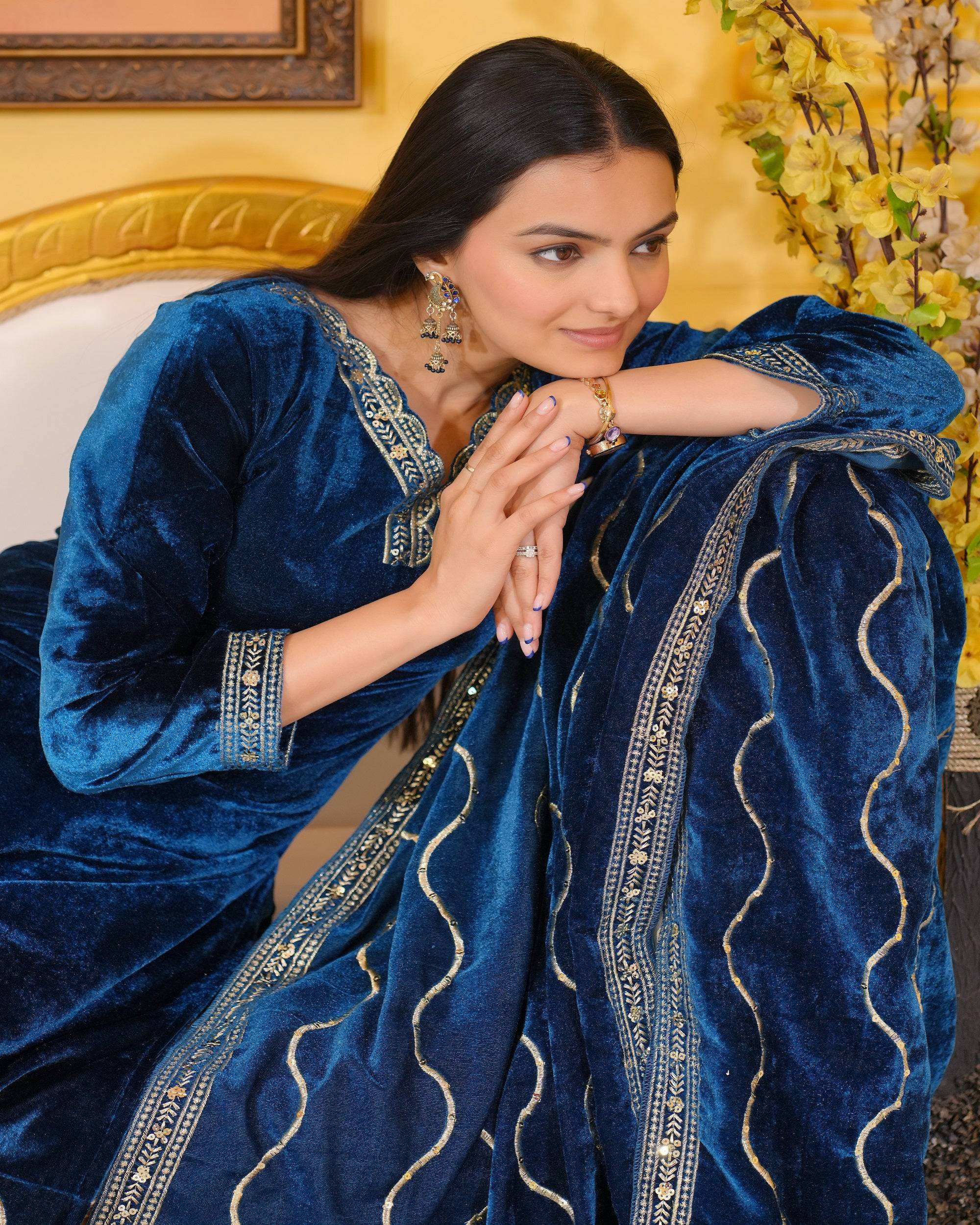 Teeya Creation Blue Color Velvet Heavy Embroidery Work Fully Stitched Salwar Suit - Distacart