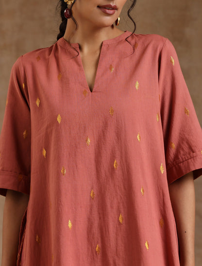 trueBrowns Blush Gold Cotton Relaxed High-Low Kurta Set - Distacart