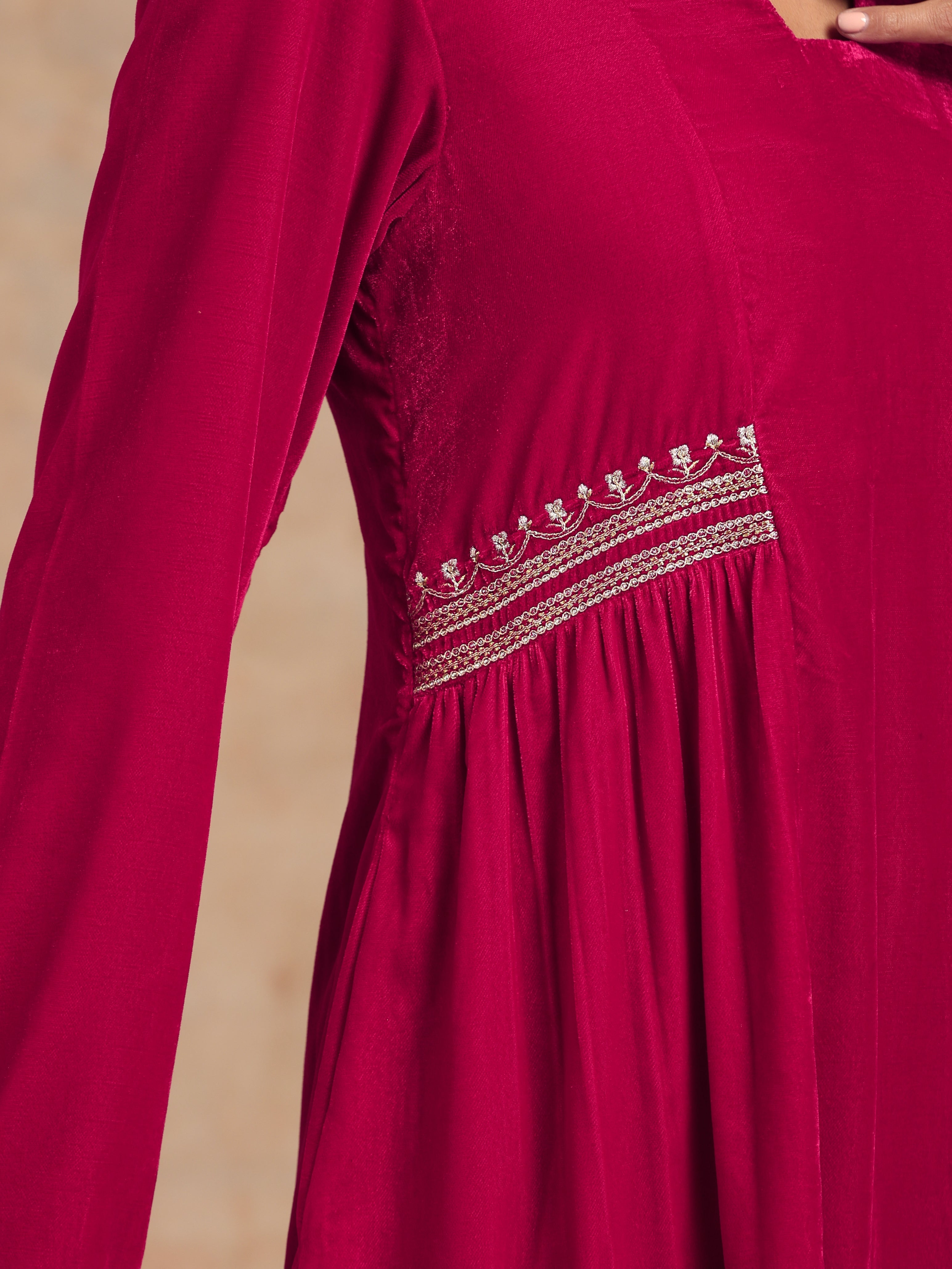 trueBrowns Rani Pink Velvet Embroidered Kurta - Distacart