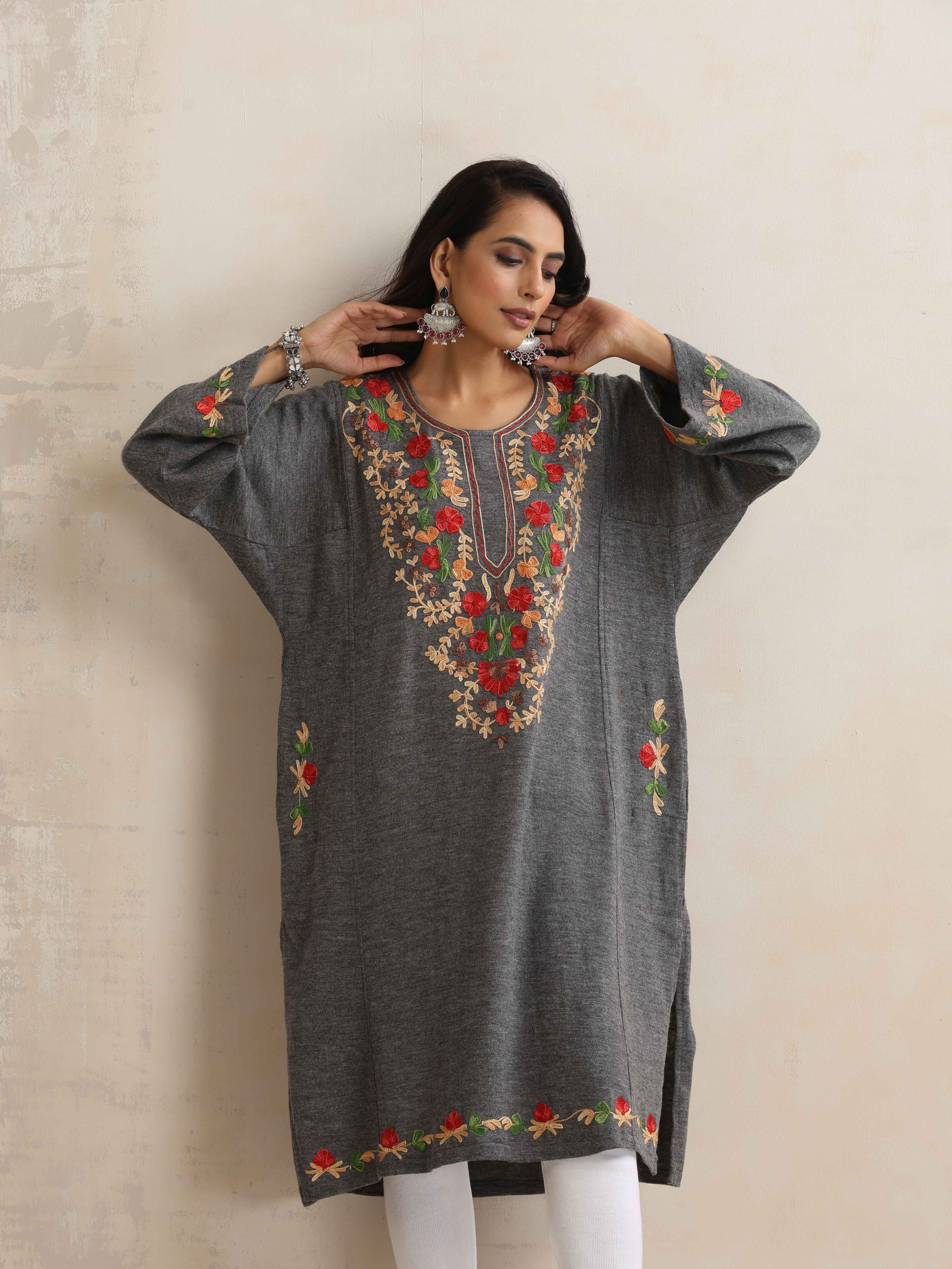 trueBrowns Grey Kashmiri Embroidered Woollen Phiran Kurta - Distacart