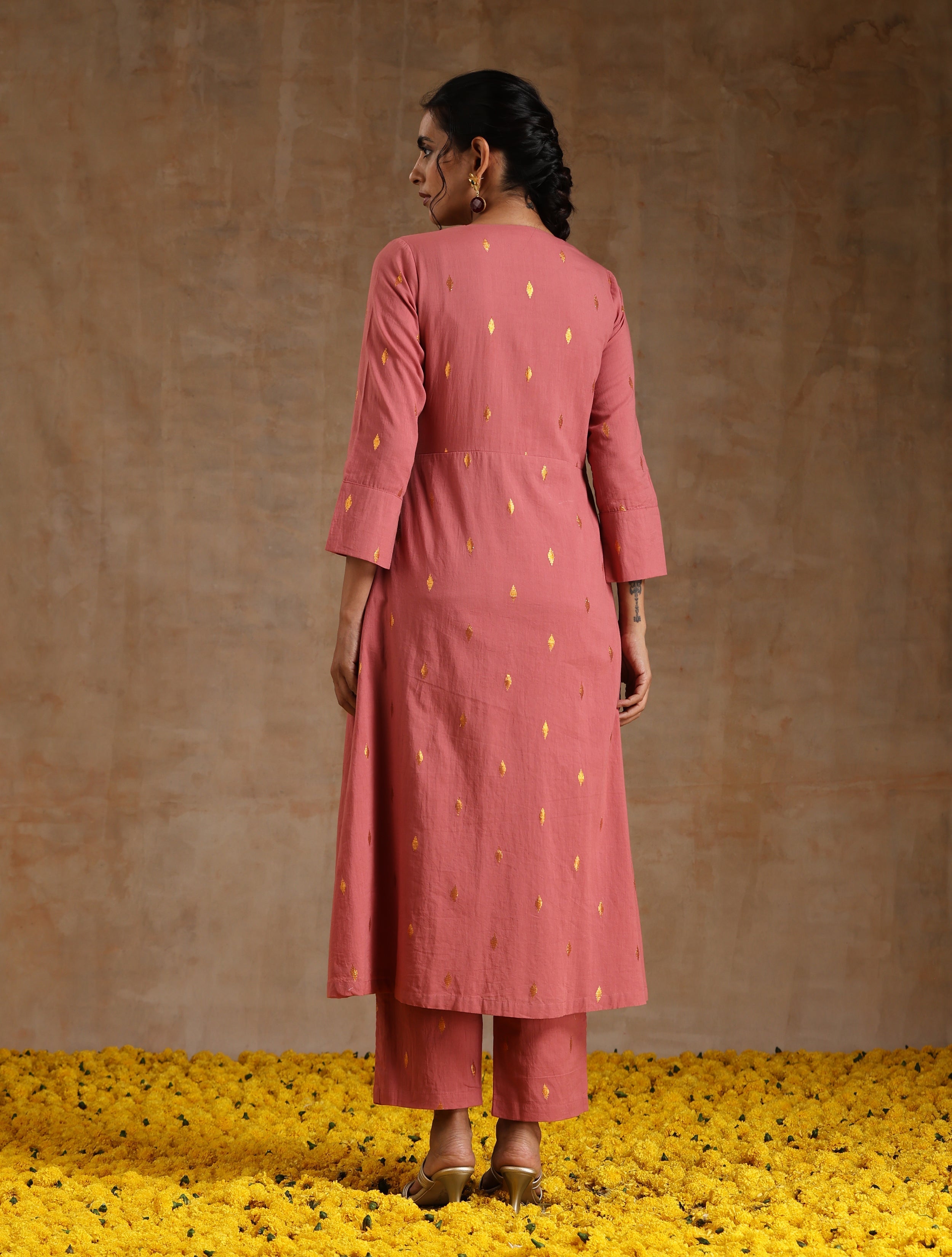 trueBrowns Blush Gold Cotton Angrakha Kurta Set - Distacart