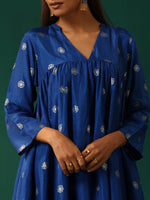 Thumbnail for trueBrowns Royal Blue Geometric Floral Viscose Silk Front Gathered Co-ord Set - Distacart