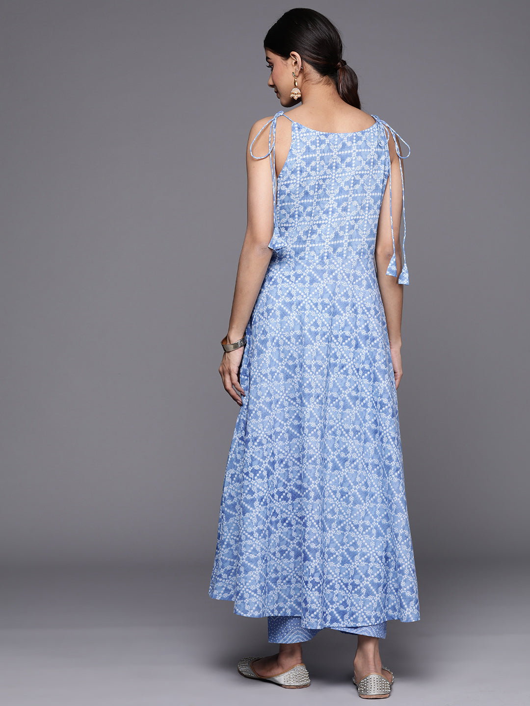 Varanga Women Blue Bandhani Printed Kurta Spaghetti Strap With Drawstring Paired With Tonal Printed Bottom - Distacart