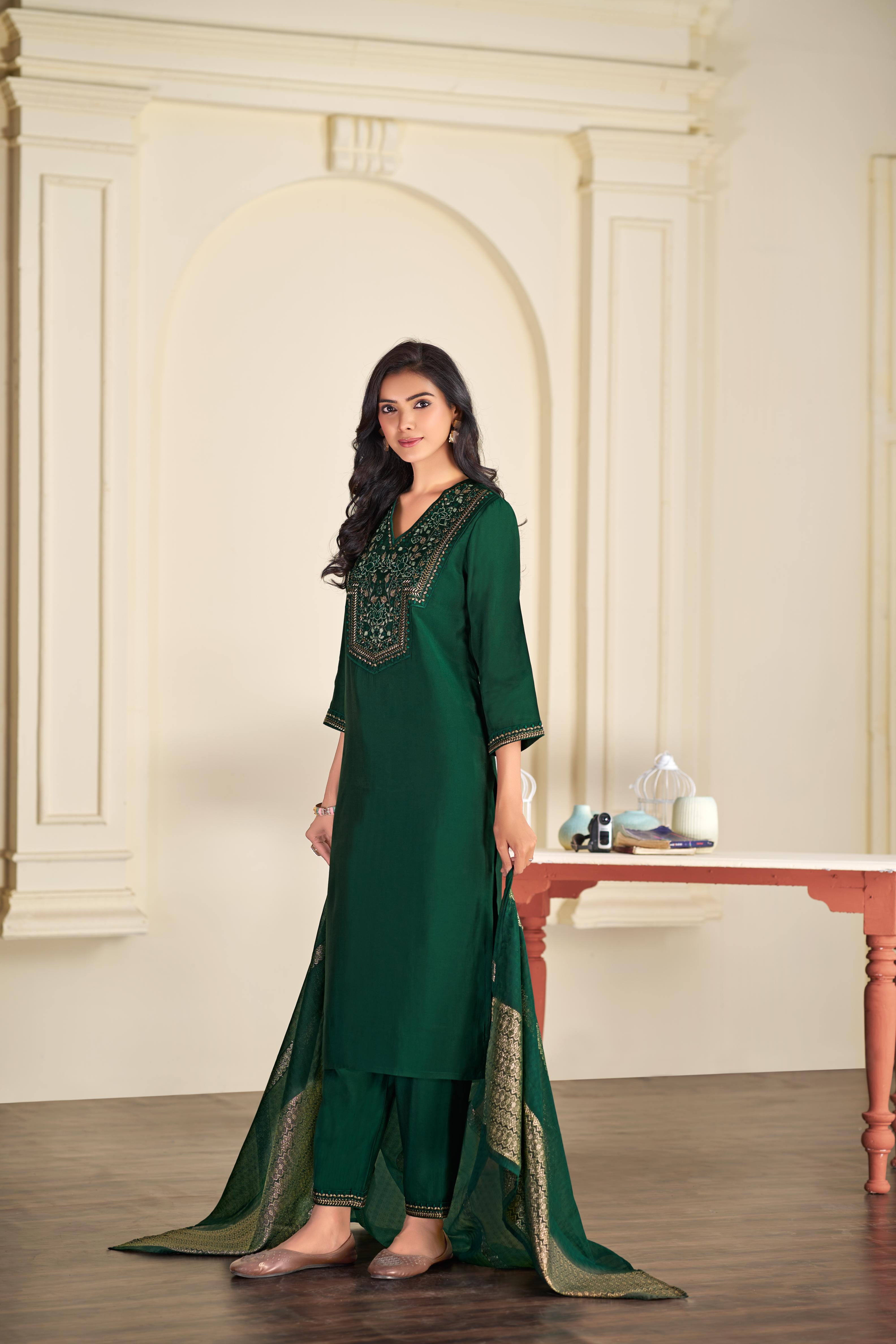 BulBul Ruhani Solid Green & Golden Embroidered Roman Silk Salwar Suit