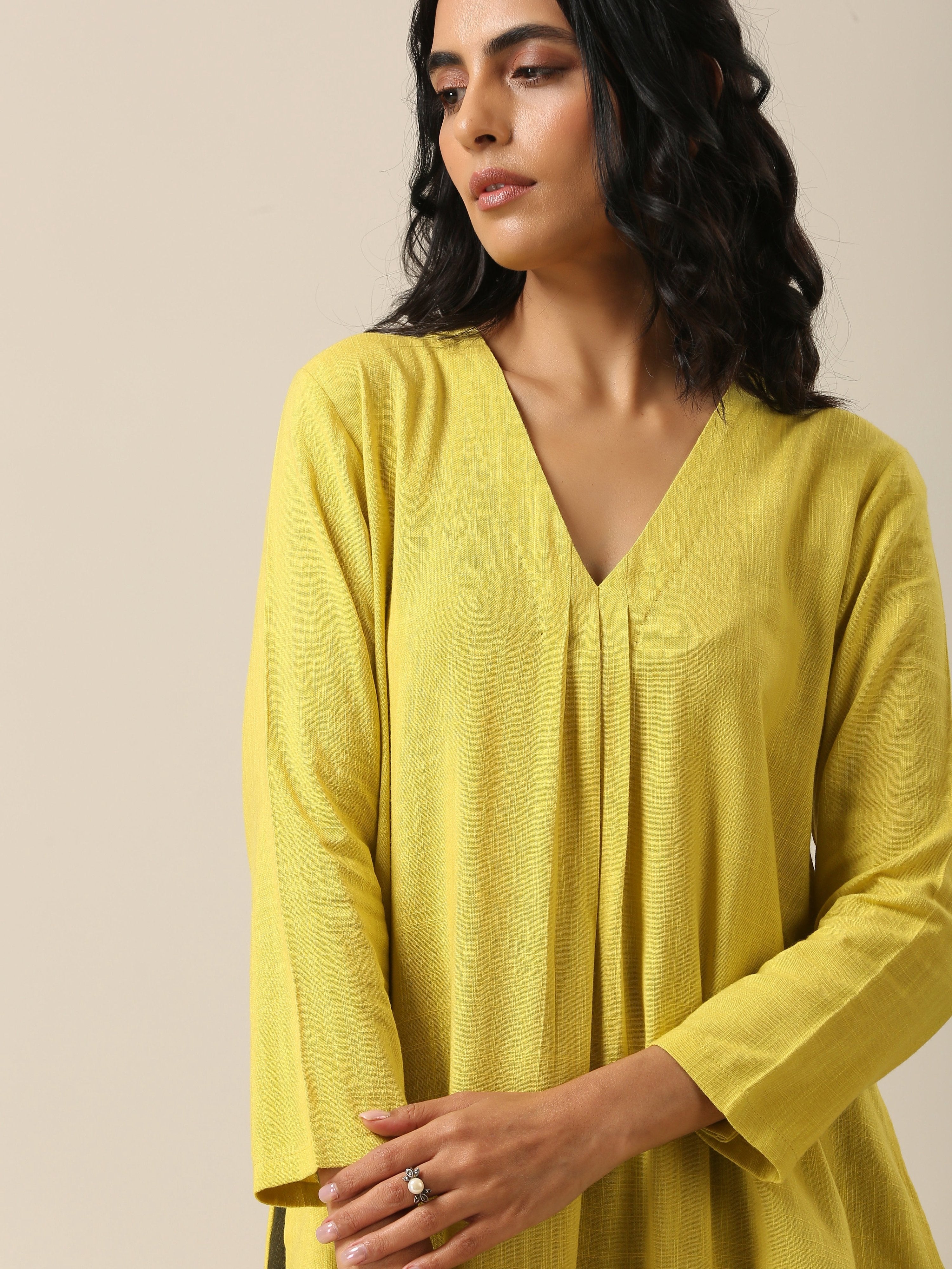 trueBrowns Lime Slub Texture Slit Kurta Palazzo Set - Distacart