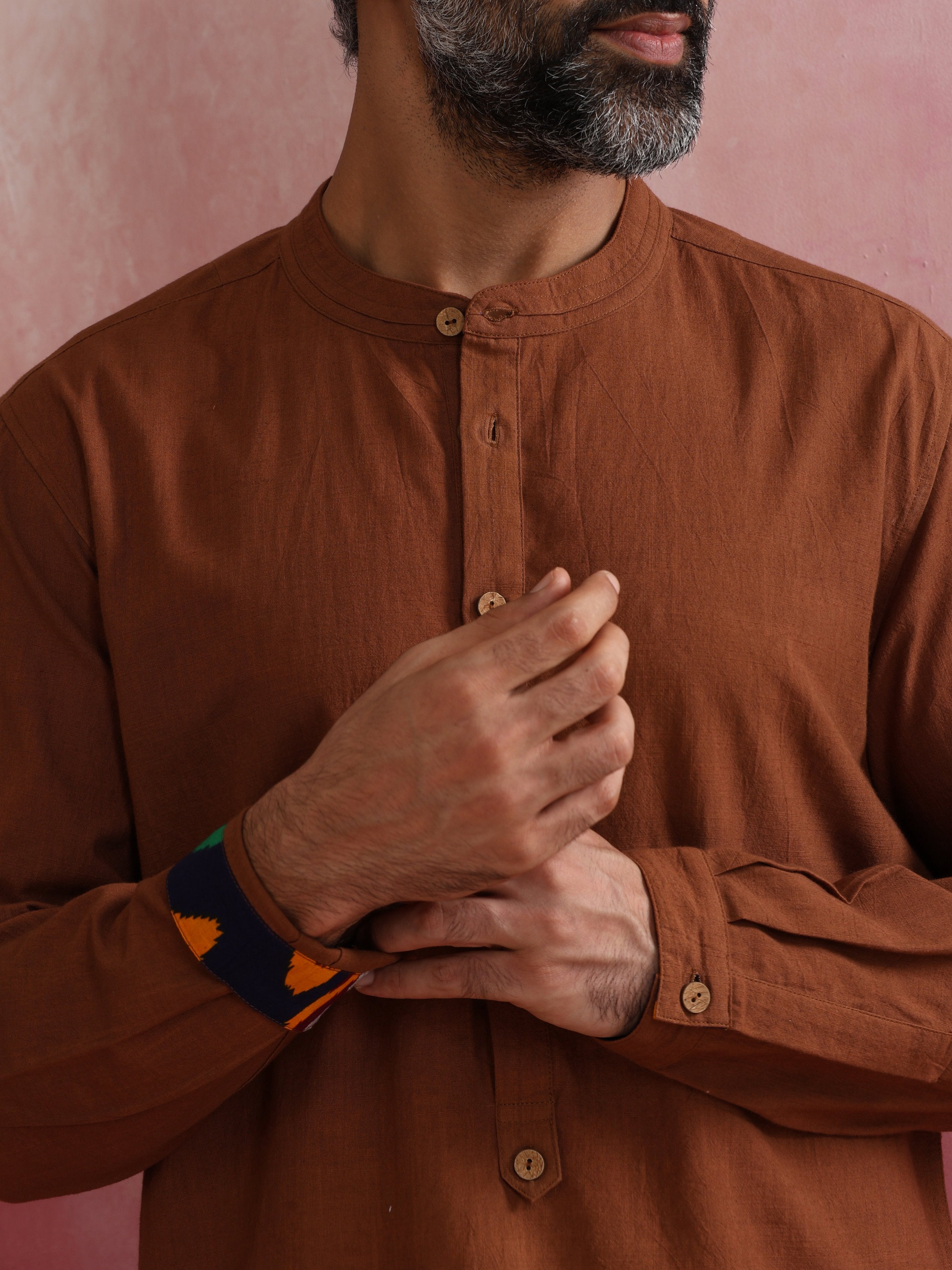 trueBrowns Men's Brown Cotton Mandarin Collar Stylized Kurta - Distacart