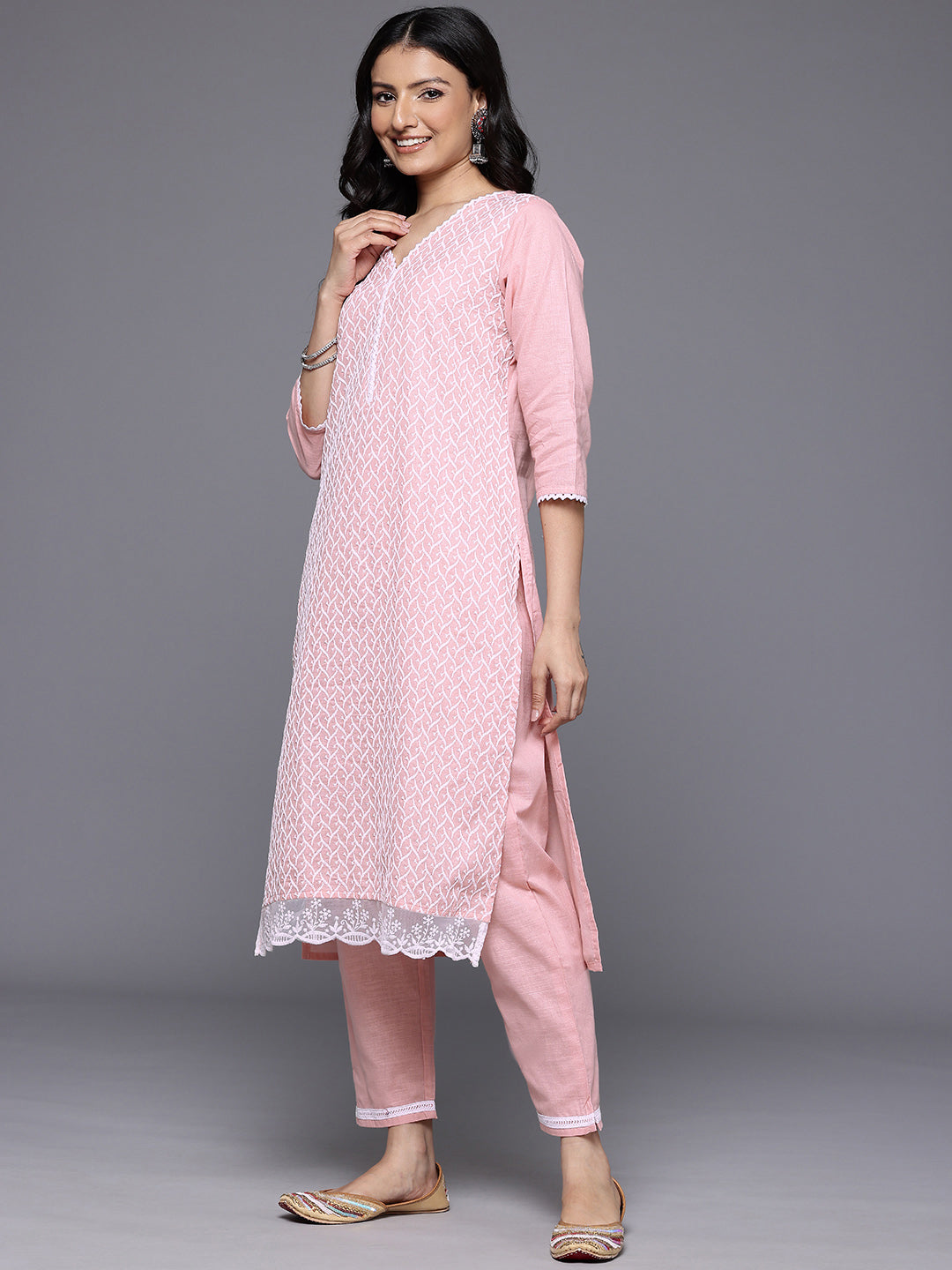 Varanga Women Peach V Neck Chickankari Embroidered Kurta With Tonal Bottom And Chiffon Dupatta - Distacart