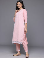 Thumbnail for Varanga Women Peach V Neck Chickankari Embroidered Kurta With Tonal Bottom And Chiffon Dupatta