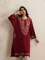 Thumbnail for trueBrowns Maroon Kashmiri Embroidered Woollen Phiran Kurta - Distacart