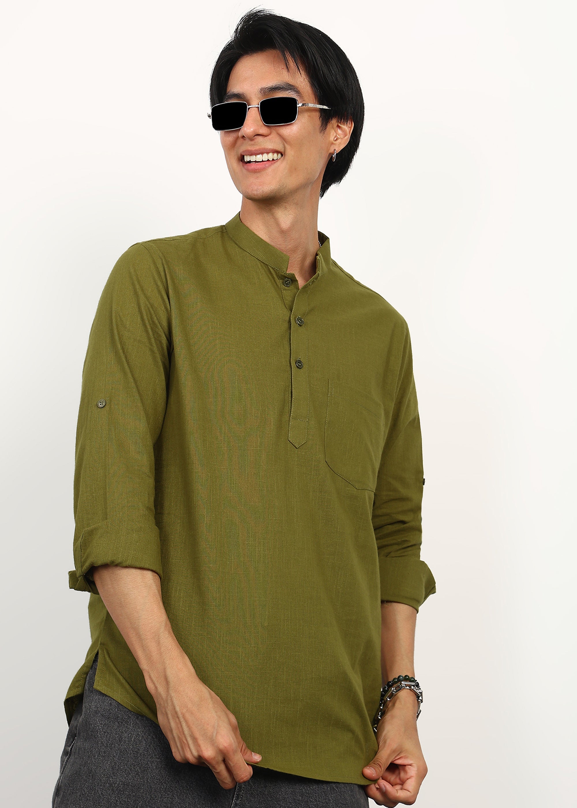 Fabmade Olive Still Linen Kurta - Distacart
