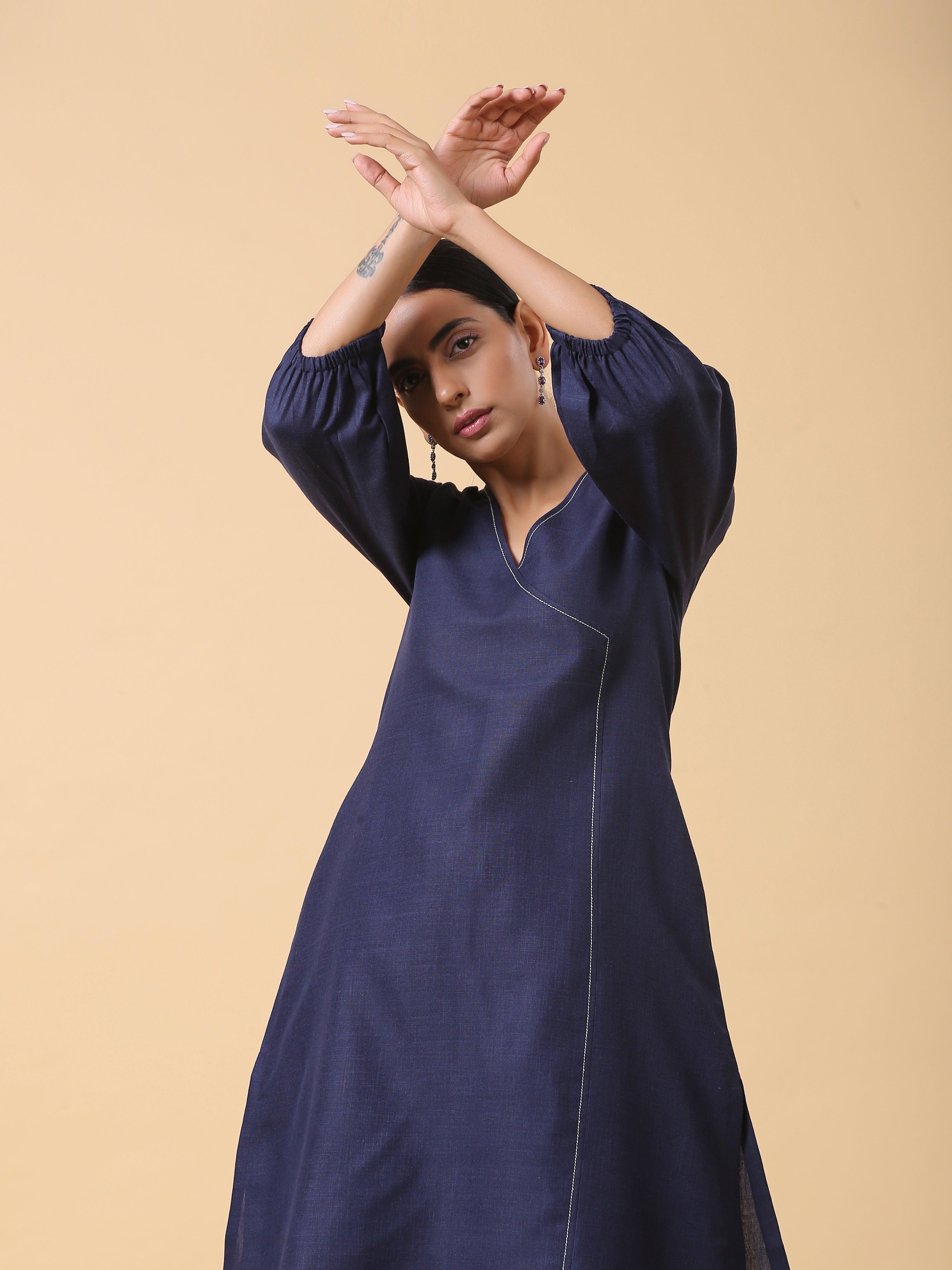 trueBrowns Cotton Linen Dark Blue Kurta Pant Set - Distacart