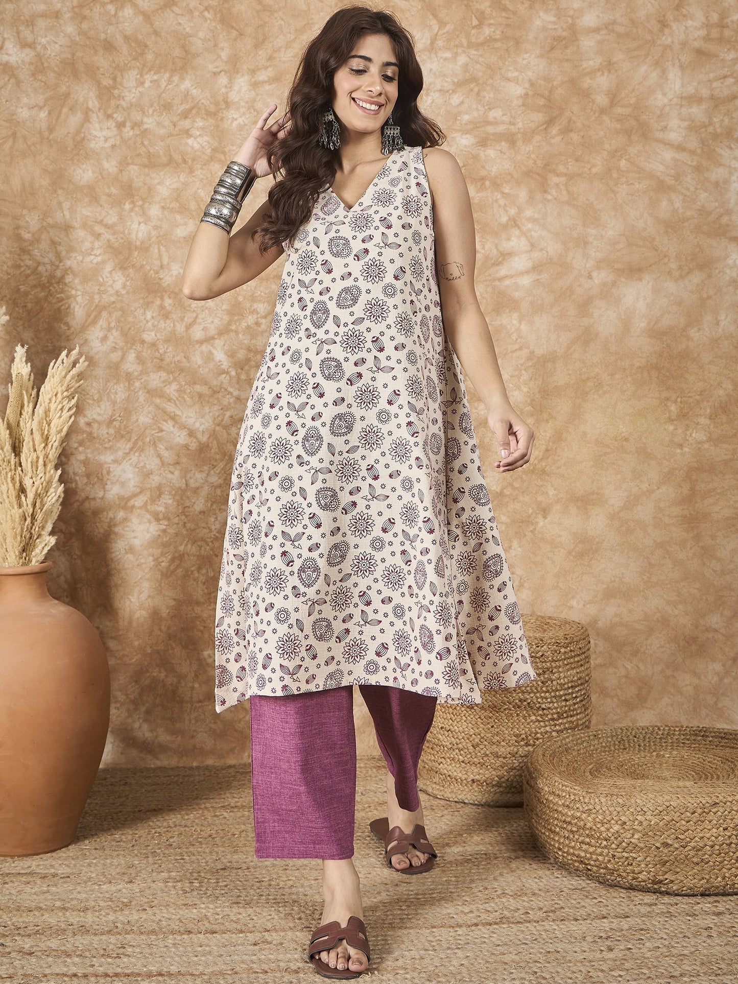 InWeave Dusty Mauve V Neck Aline Kurta Set - Distacart
