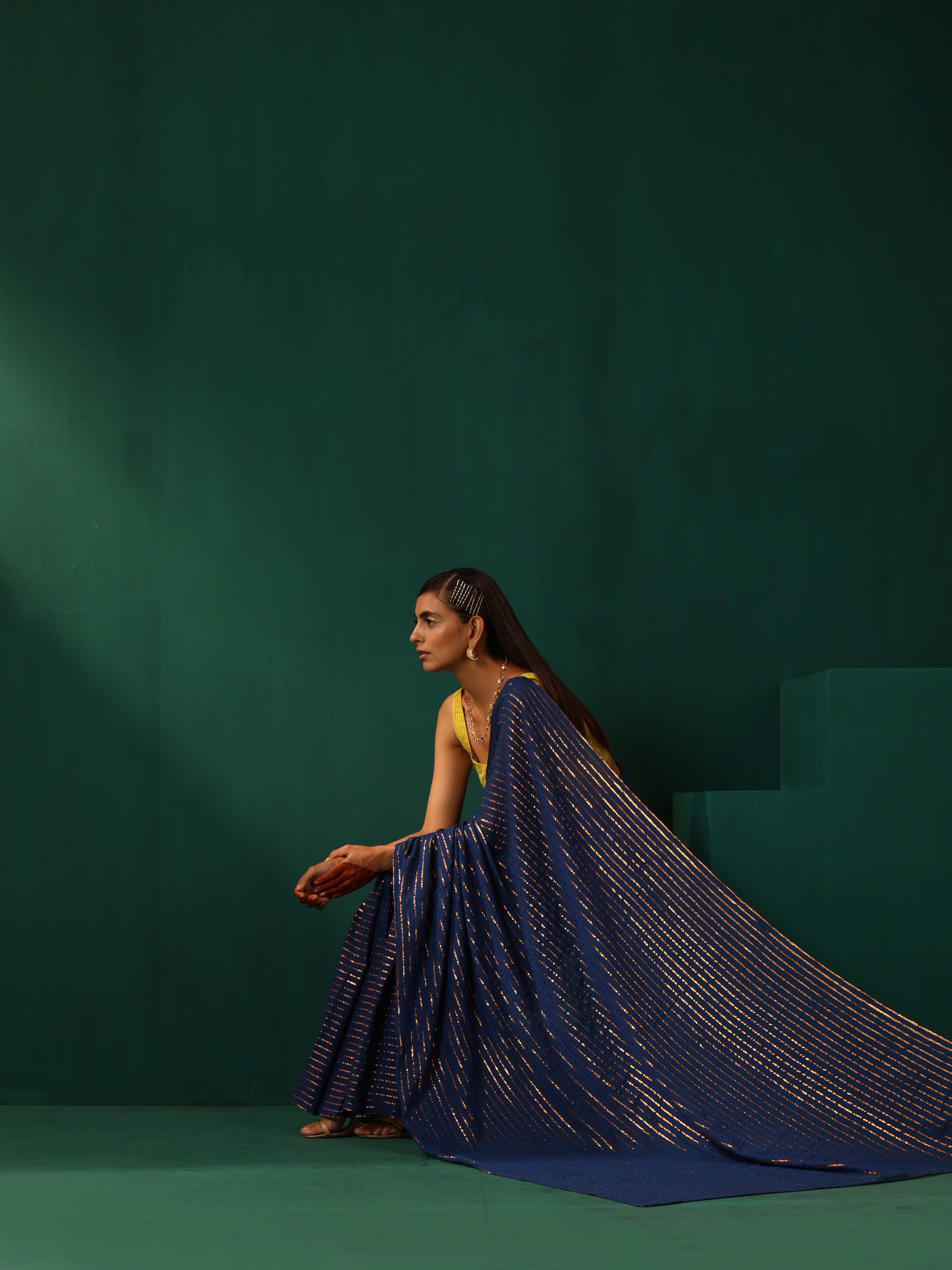 trueBrowns Royal Blue Cotton Gold Lurex Striped Ready to Wear Saree - Distacart